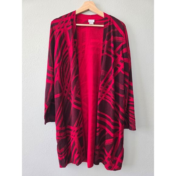 Chico’s Statement Knit Cardigan M – Red Abstract Print Open Front Workwear - Picture 2 of 8